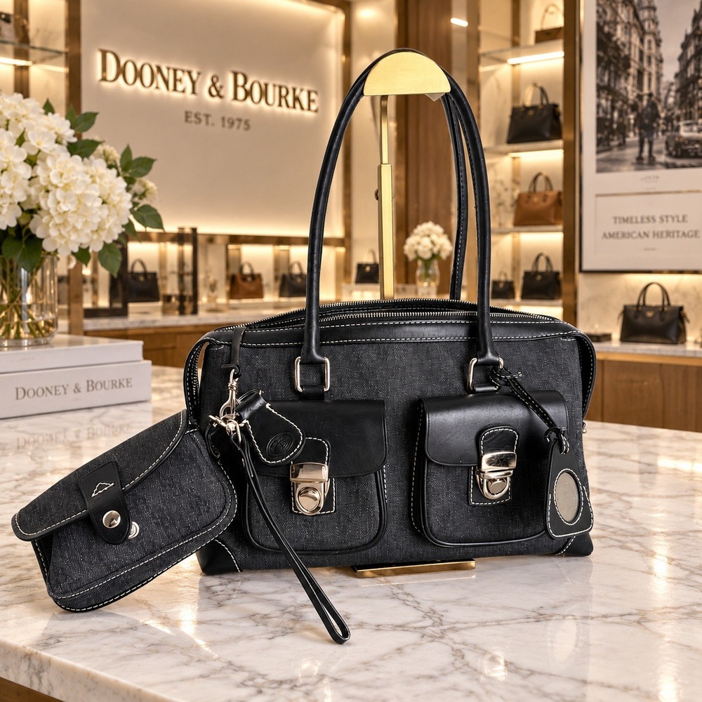 Dooney & Bourke Anniversary Set Denim Leather Satchel Shoulder Bag Pouch Black